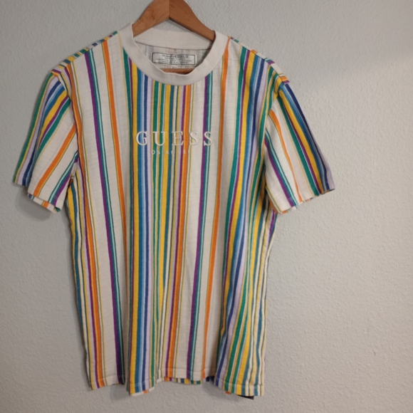 Guess originals embroidered spell out logo multicolor striped tee retro style - Picture 2 of 9